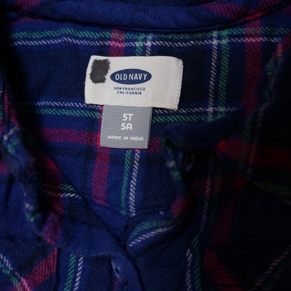 Girls Size 5T Old Navy Indigo/Pink/Green/White/Black Plaid Button-up Shirt - Picture 2 of 3